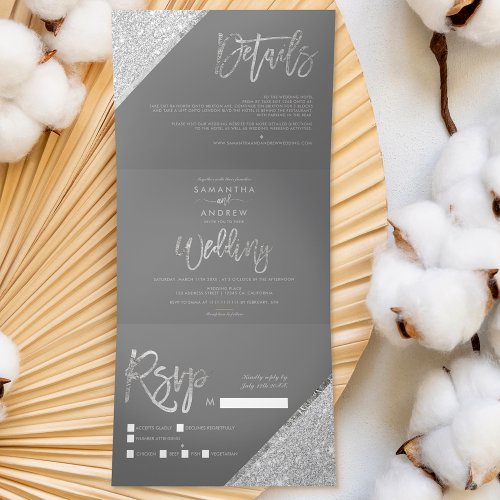 Chic silver glitter typography gray wedding  Tri_Fold invitation