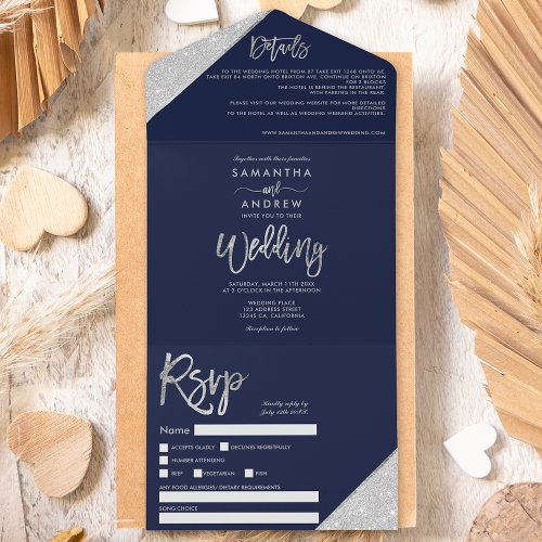 Chic silver glitter typography navy blue wedding  all in one invitation