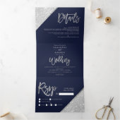 Chic silver glitter typography navy blue wedding Tri-Fold invitation (Inside)