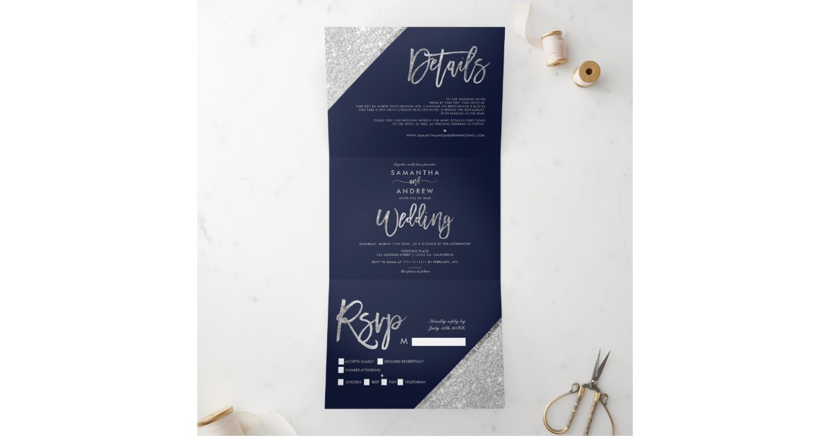 Chic silver glitter typography navy blue wedding Tri-Fold invitation | Zazzle.com