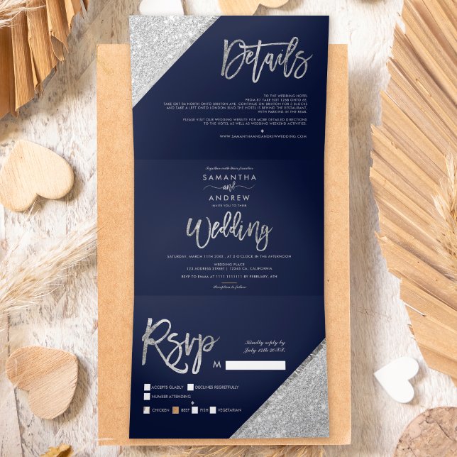 Chic silver glitter typography navy blue wedding Tri-Fold invitation