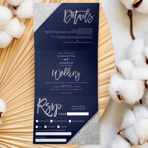 Chic silver glitter typography navy blue wedding Tri_Fold invitation