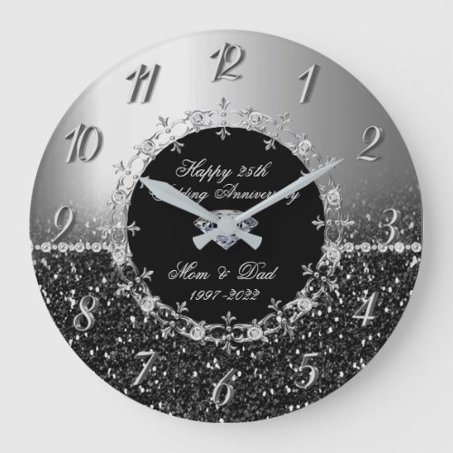 Chic Silver  Glittery 25th Wedding Anniversary Large Clock