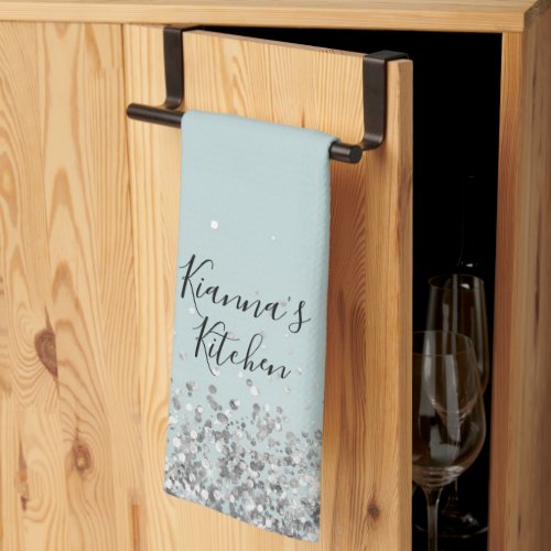 Chic Silver Glittery Personalized Kitchen Towel