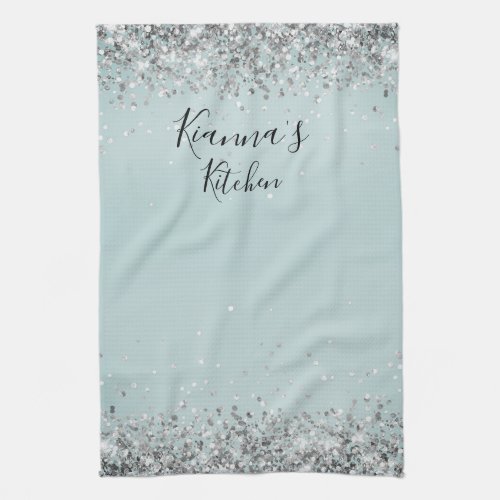 Chic Silver Glittery Personalized Kitchen Towel