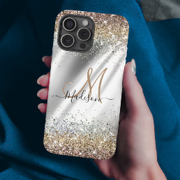 Chic silver Gold faux glitter monogram iPhone 16 Pro Case