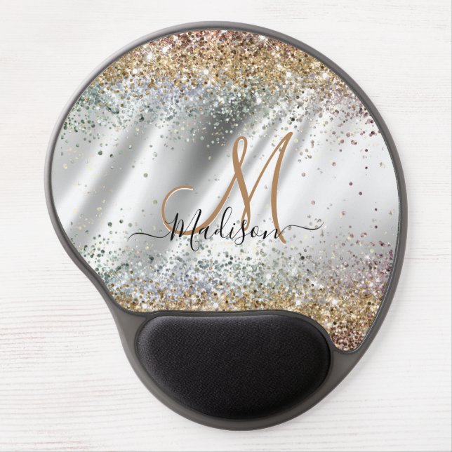 Chic silver Gold faux glitter monogram Gel Mouse Pad (Front)