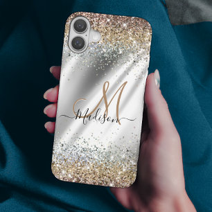 Chic silver Gold faux glitter monogram iPhone 16 Case