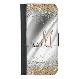 Chic silver Gold faux glitter monogram iPhone 8/7 Wallet Case