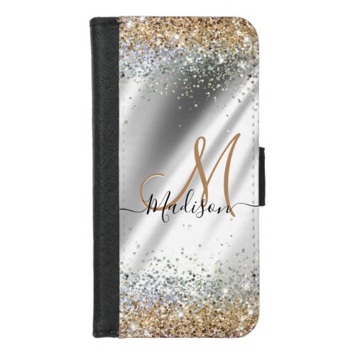 Chic silver Gold faux glitter monogram iPhone 87 Wallet Case