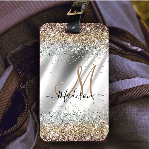 Chic silver Gold faux glitter monogram Luggage Tag