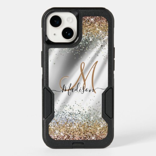 Chic silver Gold faux glitter monogram OtterBox iPhone 14 Case