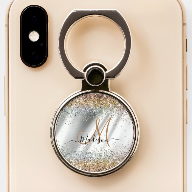 Chic silver Gold faux glitter monogram Phone Ring Stand (Close Up)