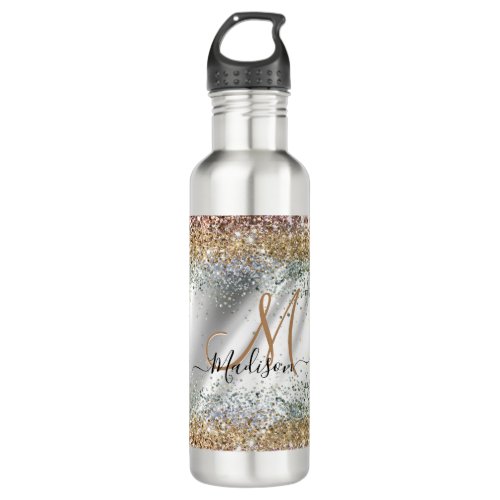 Chic silver Gold faux glitter monogram Stainless Steel Water Bottle