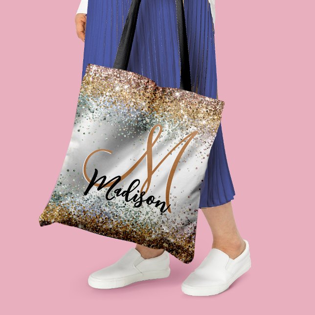 Chic silver Gold faux glitter monogram Tote Bag (Creator Uploaded)