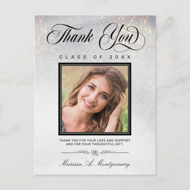 Chic Silver Gold Glitter Photo Graduate Thank You Postcard (Front)