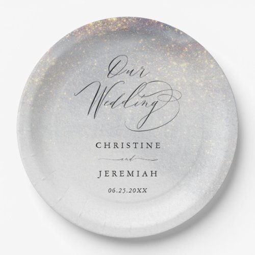 Chic Silver Gold Sparkle Watercolor Luxury Wedding Paper Plates