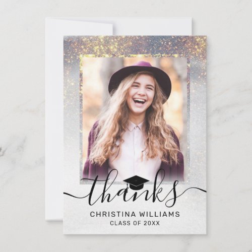 Chic Silver Gold Sparkles 2 Photo Graduation Thank You Card