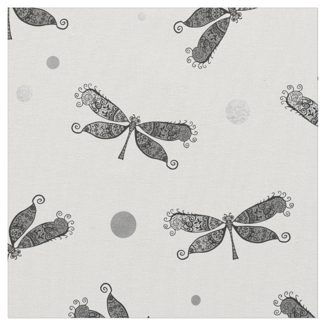 Chic Silver Gray and White Dragonfly Fabric (Close Up)