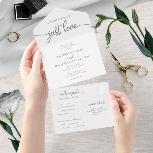 Chic Silver Gray Calligraphy Casual Wedding All In One Invitation
