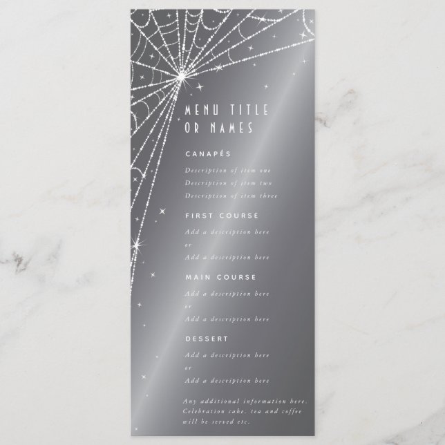 Chic Silver-Gray Diamond Spider Web Flat 4 Course Menu (Front)