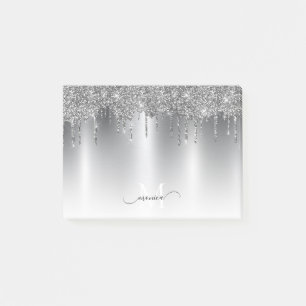 Chic Silver Gray Dripping Glitter Monogram Name Post-it Notes