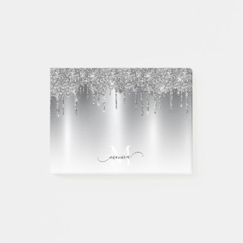 Chic Silver Gray Dripping Glitter Monogram Name Post_it Notes