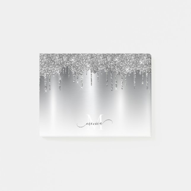 Chic Silver Gray Dripping Glitter Monogram Name Post-it Notes (Front)
