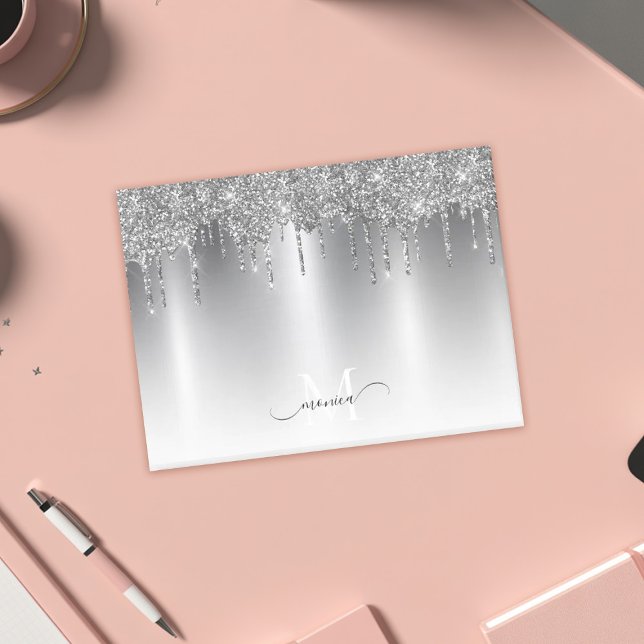 Chic Silver Gray Dripping Glitter Monogram Name Post-it Notes (Chic Silver Gray Dripping Glitter Monogram Name Post-it Notes)