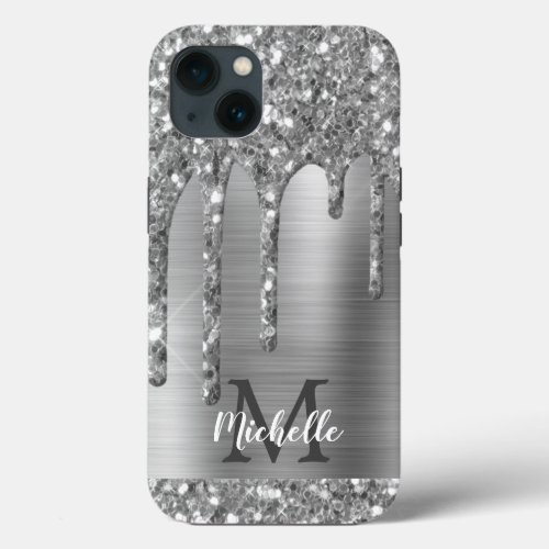 Chic Silver Gray Glitter Drips Monogram Pink Metal iPhone 13 Case