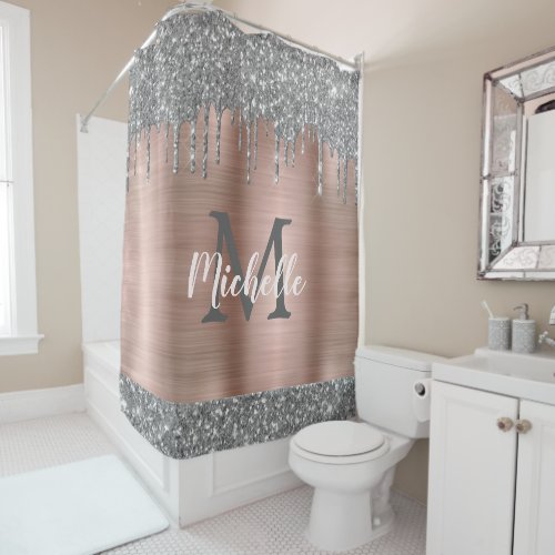 Chic Silver Gray Glitter Drips Pink Metal Monogram Shower Curtain