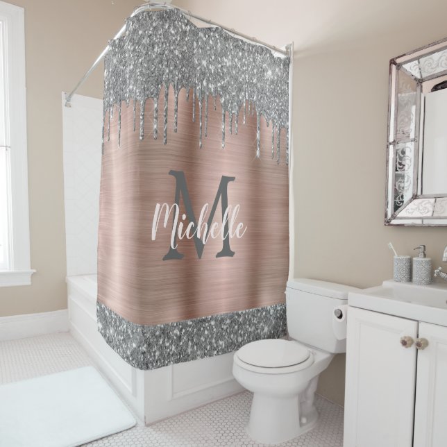 Chic Silver Gray Glitter Drips Pink Metal Monogram Shower Curtain (In Situ)