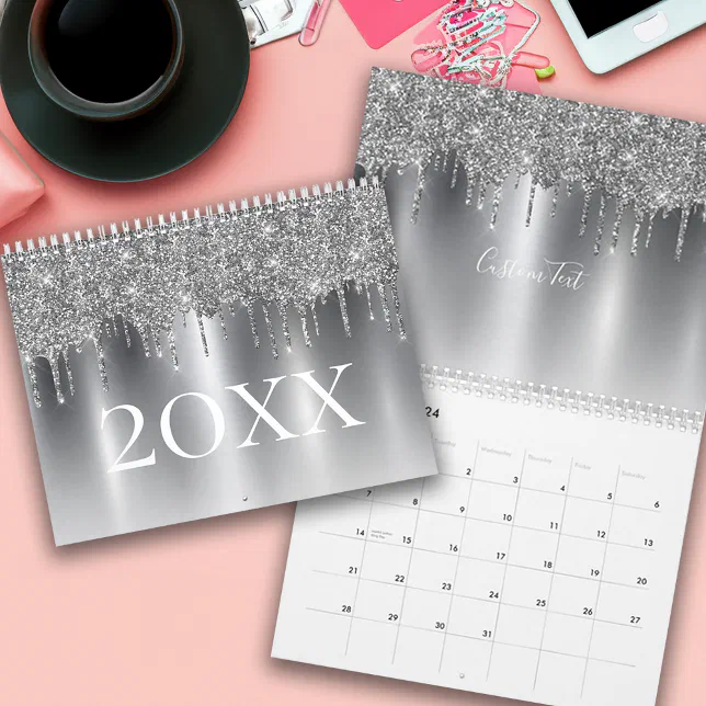Chic Silver Gray Glitter Ombre Monogram Calendar | Zazzle
