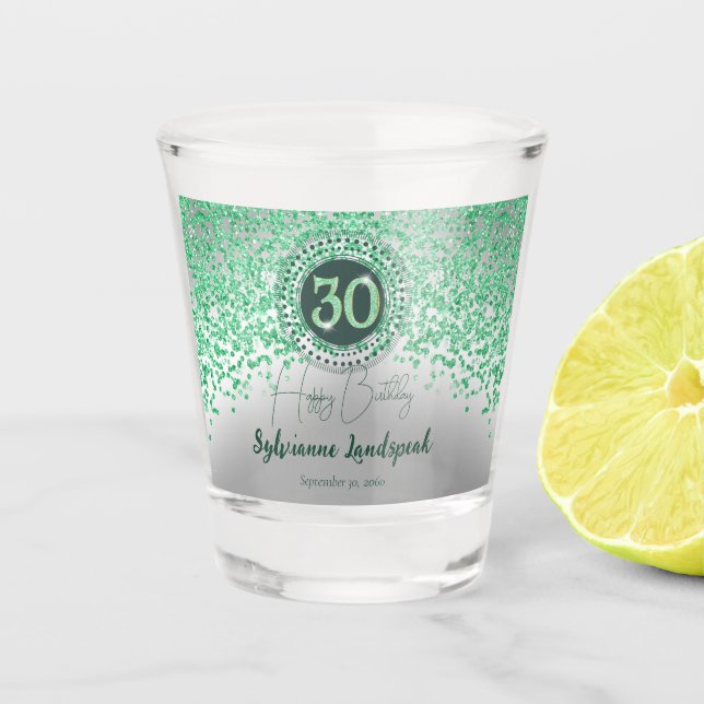 Chic Silver & Green Glitter 30th Birthday Gift Shot Glass (Front)