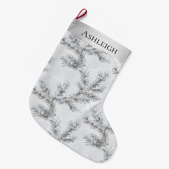 Chic Silver Grey Branches Christmas   Large Christmas Stocking (Front (Hanging))