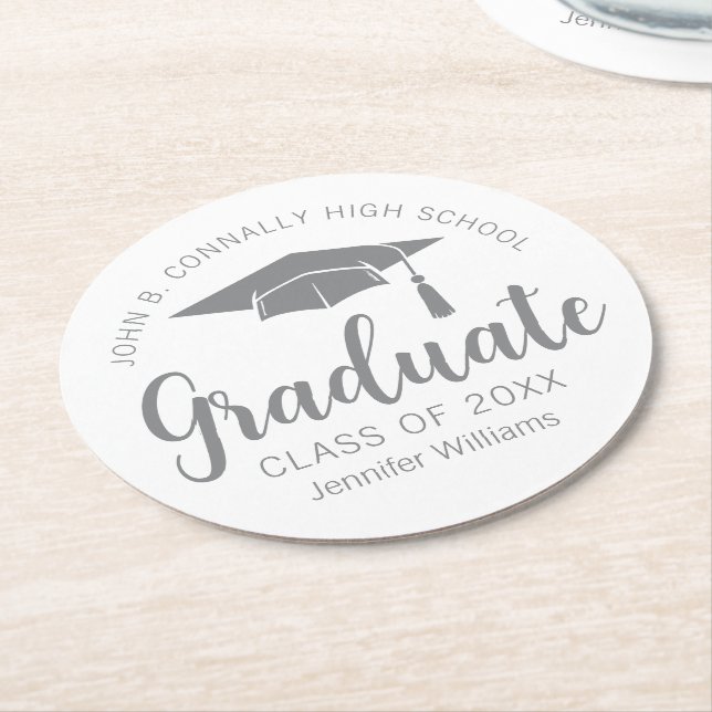 Chic Silver Grey Graduate Custom Graduation Party Round Paper Coaster (Angled)
