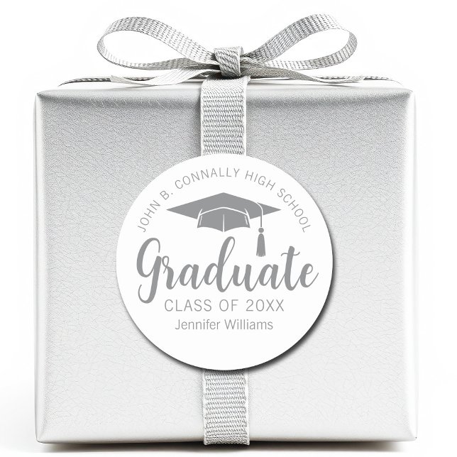 Chic Silver Grey Graduate Customized Graduation Classic Round Sticker (Creator Uploaded)