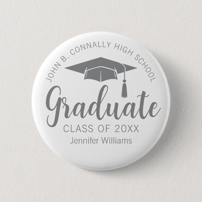 Chic Silver Grey Graduate Name Tag Graduation Button (Front)