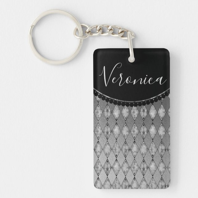 Chic Silver Harlequin Personalized  Keychain (Front)