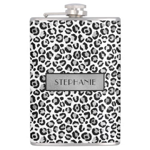 Chic Silver Leopard Print Personalized Flask