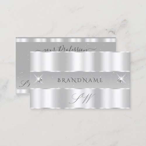 Chic Silver Light Gray Sparkling Diamonds Initials Business Card