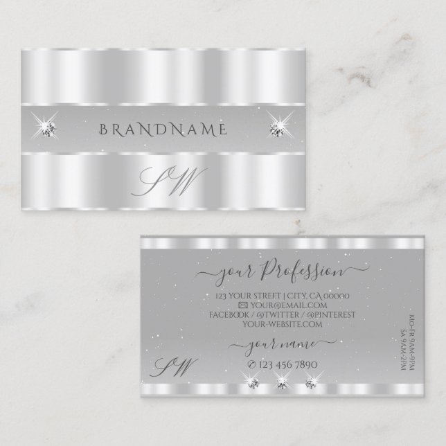 Chic Silver Light Gray Sparkling Diamonds Initials Business Card (Front/Back)