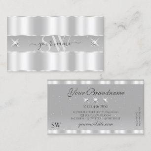 Chic Silver Light Gray Sparkling Diamonds Monogram Business Card