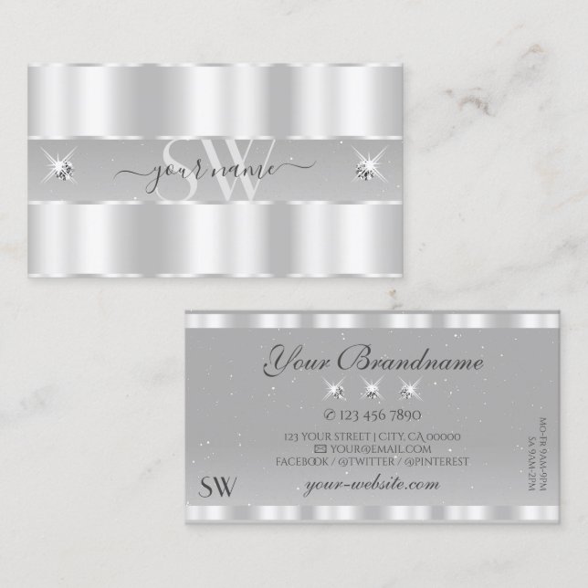 Chic Silver Light Gray Sparkling Diamonds Monogram Business Card (Front/Back)