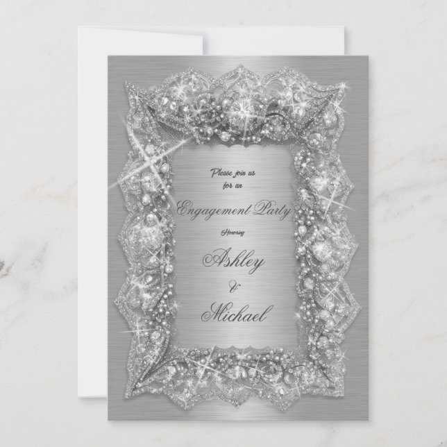 chic silver luminosity diamond engagement party invitation (Front)