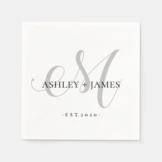  Chic Silver M Monogram Script Name Wedding Date Napkins (Front)