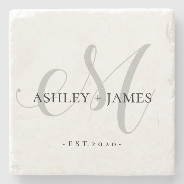  Chic Silver M Monogram Script Name Wedding Date  Stone Coaster (Front)