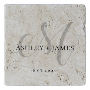 Chic Silver M Monogram Script Name Wedding Date Trivet