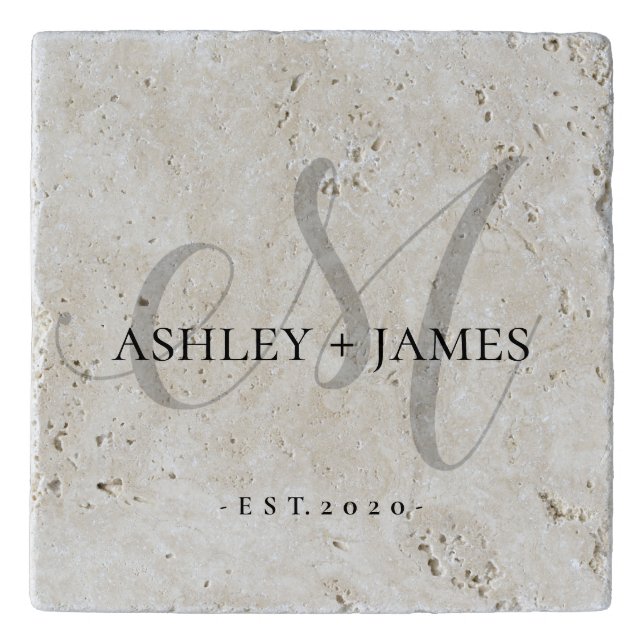  Chic Silver M Monogram Script Name Wedding Date Trivet (Front)