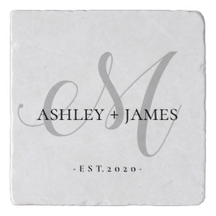 Chic Silver M Monogram Script Name Wedding Date Trivet